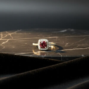 Red Moissanite Halo Ring 0.8ct D Color GRA | 18K Gold Plated S925 Silver Size 7